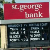 Scorebaord Dragons 102 Central Coast 8 - St George Dragons rugby league history
